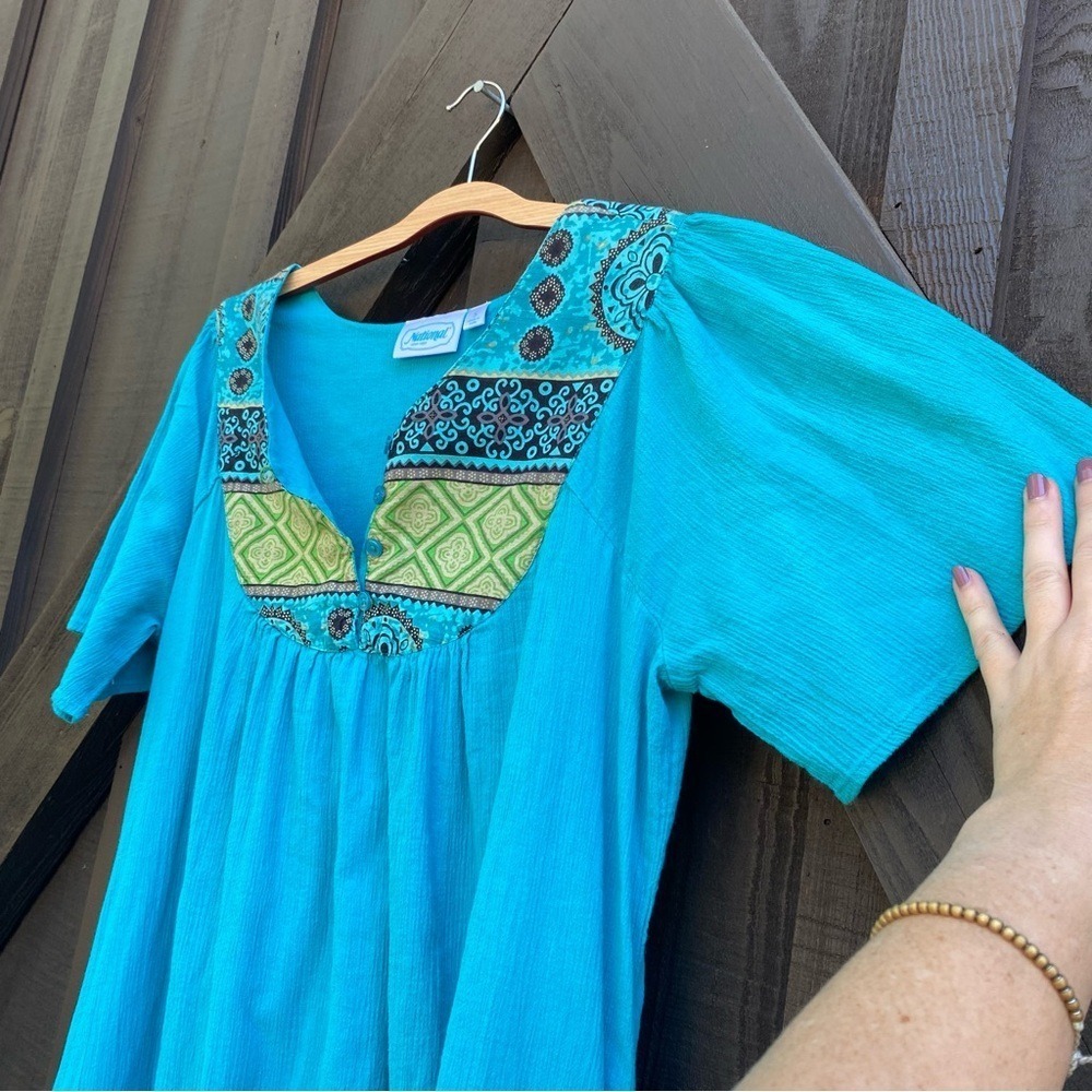 Vintage Dress S Turquoise/Blue 100% Cotton Flowy Boho Midi Short Sleeve S - Picture 7 of 13